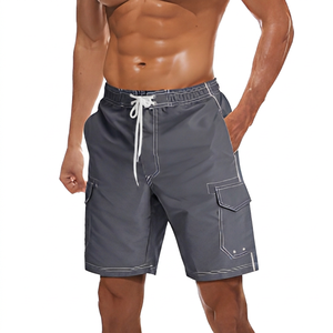 Shorts gris pour homme, séchage rapide, taille à cordon de serrage avec poches, style bermuda décontracté, couleur unie, tissu polyester - Product Image 4