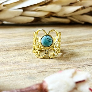 Hot Selling Boho <b>Turquoise</b> <b>Ring</b> Tribal Brass Band Women 18k Gold Plated Vintage Filigree Heart Statement for Wholesale/OEM/ODM - Product Image 1