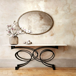 <b>Wall</b>-mounted console <b>table</b> with dark wooden top and an ornate gold scrollwork leg base, available at wholesale prices. - Product Image 5