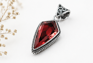 Natural Red Garnet Silver Pendant, 925 Sterling Silver Garnet <b>Necklace</b>, Handmade Boho Gemstone Jewelry, Vintage Style Pendant - Product Image 1