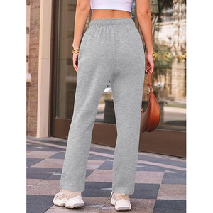 Pantalones Deportivos Grises de Felpa para Mujer, Cintura Media, Cordón Ajustable, Corte Holgado Informal, Largos, Color Sólido, Tejido de Algodón - Product Image 4