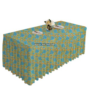 Custom Boho Retro & Hand Block Printed Floral <b>Rectangle</b> Pleated <b>Tablecloth</b> Hand Block Print Farmhouse For Easter Brunch Weddings - Product Image 2