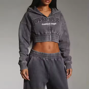 Wholesale Women's Acid Wash Cropped <b>Zip</b> Up Hoodie & Wide Leg Sweatpants Set Custom Logo Oversized Cotton Fleece Tracksuit OEM - Product Image 3