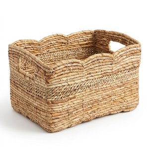 100% Natural Water Hyacinth Woven Storage Basket Bohemian Style Handwoven Scalloped with Handles Rectangular Shape - Product Image 1