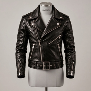 Veste de motard en similicuir noir pour homme, double boutonnage, fermeture éclair, ceinture, style motard, coupe ajustée, manches longues - Product Image 4