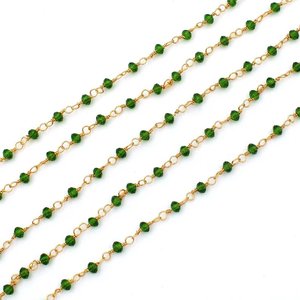 Chaîne de chapelet en diopside chromé, perles vertes facettées de 3 mm, chaîne plaquée or enroulée sur fil pour la fabrication de bijoux - Product Image 1