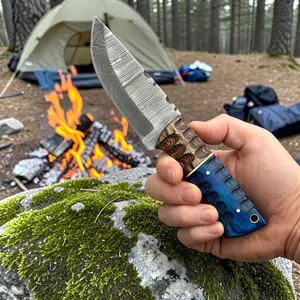 Cuchillo de caza de hoja fija de acero de Damasco con punta de gota y gancho para desollar, mango de madera verde, filo recto, OEM, 8 pulgadas, 2 hojas, para camping al aire libre - Product Image 2