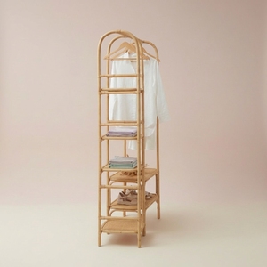 Porte-vêtements moderne en bois durable, support de rangement tissé pour vêtements, étagères de présentation, organisateur double niveau sur pied - Product Image 3