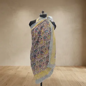 Multicolor Floral Hand Block Printed Cotton <b>Sarong</b> Scarf with Yellow Border Lightweight Beach Wrap Stole for Women - Product Image 5