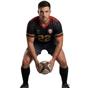 Camiseta de Fútbol Americano Personalizada Sublimada 100% Poliéster para Fanáticos |   Uniforme de Equipo Rojo Negro Dorado |   Cuello en V, Numerado, Transpirable - Product Image 4
