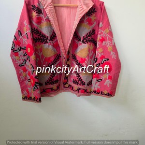 Chaqueta Acolchada de Algodón con Bordado Suzani Rosa, Tejida a Mano, Transpirable y Ecológica, de Longitud Regular, Estilo Mandarín, para Invierno - Product Image 3