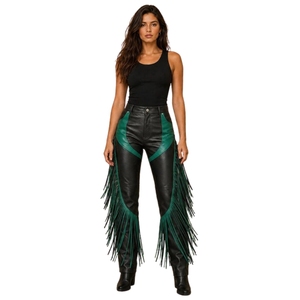 Pantalon en cuir noir et rouge à franges pour femme, style western cowgirl – Pantalon à franges taille haute en cuir véritable fait main - Product Image 5
