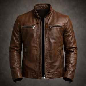 Chaqueta de cuero marrón para hombre, abrigo clásico informal vintage para motocicleta, ropa de abrigo de moda de manga larga para otoño e invierno - Product Image 1
