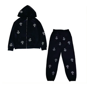 Custom Color Winter Hooded Casual Solid Streetwear Men's Fashion Rhinestone Tracksuit Breathable Lightweight Drawstring Closure - Product Image 1