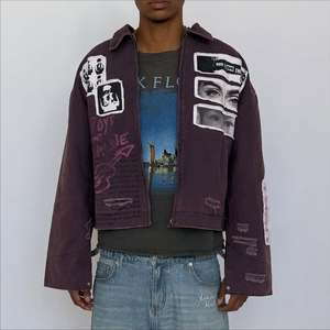 Custom Purple Distressed Denim Cotton Grunge <b>Punk</b> Streetwear Acid Wash Distressed Patchwork Men's <b>Jackets</b> - Product Image 2