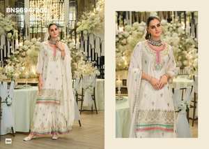 Meilleur ensemble de vêtements de fête en tissu chinon avec broderie, comprenant un pantalon palazzo, un haut et un dupatta, achat en ligne en Inde, vente en gros - Product Image 6