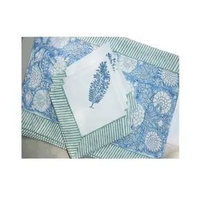 Ensemble de 6 serviettes de Table et 6 tapis à motif Floral, en coton indien, avec impression à la main, couleur bleue, 1 pièce