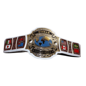 Ceinture de champion du monde avec drapeaux internationaux Mexique, États-Unis, Canada, Royaume-Uni, Brésil, Japon, design plaqué or, sangles noires - Product Image 6