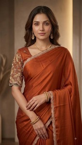 Sari élégant en polyethersulfone avec broderie, chemisier assorti, tenue de mariage pour femme, longueur ras du sol, coupe classique, style Bollywood, séchage rapide, Inde - Product Image 4