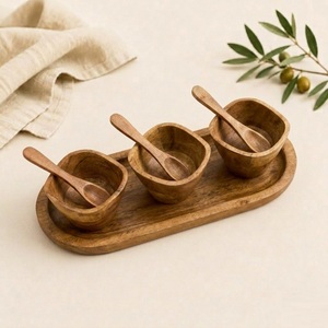 Juego de Condimentos Ecológico Hecho <span class=keywords><strong>a</strong></span> Mano con Madera de Acacia, con 3 Tazones para Salsas, Cucharas y Bandeja para Servir, para Restaurantes y Decoración del Hogar - Product Image 1