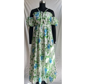 Elegante Vestido Midi de Algodón Cambray con Estampado Floral, Cuello con Lazo y Mangas Abullonadas, Vestido de Verano para Fiestas, Eventos Casuales y Uso Diario - Product Image 1