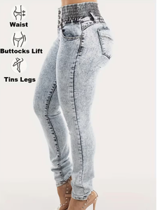 Jeans de Mezclilla Lavados a la Piedra de Cintura Alta y Corte Regular TRIBON SPORTS para Mujer, Estilo Casual de Longitud Completa con Bolsillos Decorativos, Color Azul Claro - Product Image 4