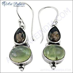Boucles d'oreilles Fashion en argent sterling 925 avec Prehnite et Smokey Quartz Cab & Cut Stone Fancy Design - Product Image 1