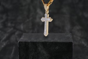 Baguette Diamond Charm Cross Hip Hop Classic Unisex 14K <b>Solid</b> <b>Gold</b> Plated Filled Brilliant Cut Lab Grown GIA Certified <b>Pendant</b> - Product Image 2