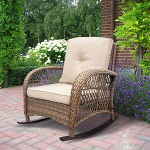 Fauteuil à bascule d'extérieur en rotin kaki avec coussins moelleux et structure en acier pour jardin - Product Image 2