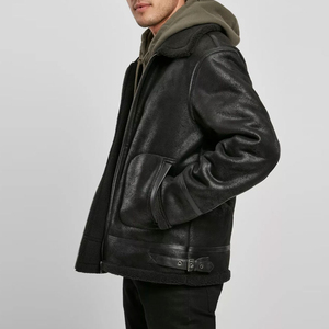 Men’s Black <b>Shearling</b> Leather Warm Faux Fur Lined Motorcycle Biker <b>Jacket</b> | Zip-Up Winter Aviator Coat with Adjustable Waist - Product Image 2