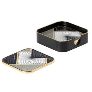 Luxury Black And Gold Geometric Square <b>Drink</b> <b>Coasters</b> With Holder For Home Bar Dining And Premium Table Styling Use From India - Product Image 1
