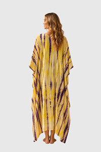 Kimono de mujer con cuello en V, amarillo y morado, con efecto tie-dye, manga tres cuartos, largo, para playa - Product Image 2