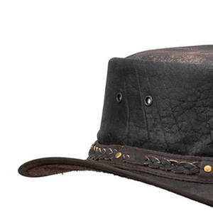 Sombrero de Vaquero de Cuero Negro Desgastado, Estilo Occidental, con Banda Trenzada y Ojales, Ala Ancha, Unisex, Vintage, para Uso Diario - Product Image 4