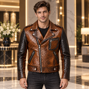 <b>Mens</b> Two-Tone <b>Brown</b> Black Snake-Embossed Breathable Genuine <b>Leather</b> Winter Motorcycle Biker <b>Jacket</b> Zipper Pockets | Wholesale - Product Image 1