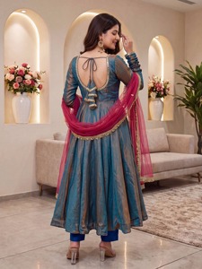 Ensembles Kurta Anarkali en Soie Bleu Turquoise pour Femmes avec Dupatta Magenta Bordure Dorée Manches Longues Tenue de Soirée Ethnique Festive Luxe - Product Image 5