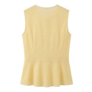 Chemisier élégant jaune pastel pour femme, avec plis décoratifs sur le devant, volant à la taille, en coton respirant, col rond, sans manches - Product Image 3