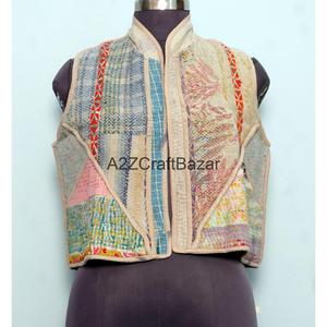 100% Cotton <b>Kantha</b> Quilted Vest for Women Handmade Floral Pattern Patchwork Logo Design Covered Buttons for winters - Product Image 2