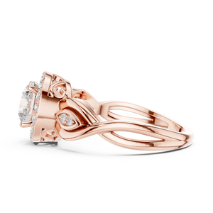 Anillo de Compromiso de Oro Rosa con Halo Redondo de Diamantes y Banda Floral de Hojas para Mujer - Product Image 4