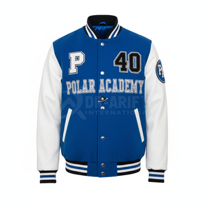 Chaqueta Varsity Azul y Blanca para Hombre, con Parches Bordados, Estilo Preppy, Corte Regular, Chaqueta Universitaria para Hombre - Product Image 1