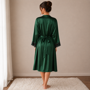 Premium <b>Womens</b> <b>Satin</b> <b>Robe</b> Set with Lace Trim Adjustable Waist Belt and Matching Nightdress for Sleepwear Wholesale and OEM - Product Image 3