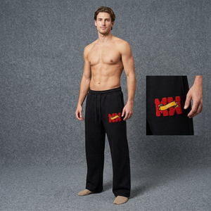 Pantalon de jogging noir à jambe large, taille élastique avec cordon de serrage, coupe ample, longueur intégrale, décontracté, broderie chenille, personnalisable - Product Image 1
