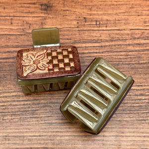Luxury Women Mini Hair Claw Hand <b>Tooled</b> Engraved Leather <b>Clip</b> Checkerboard Floral Pattern High Quality Hair Styling Accessory - Product Image 6