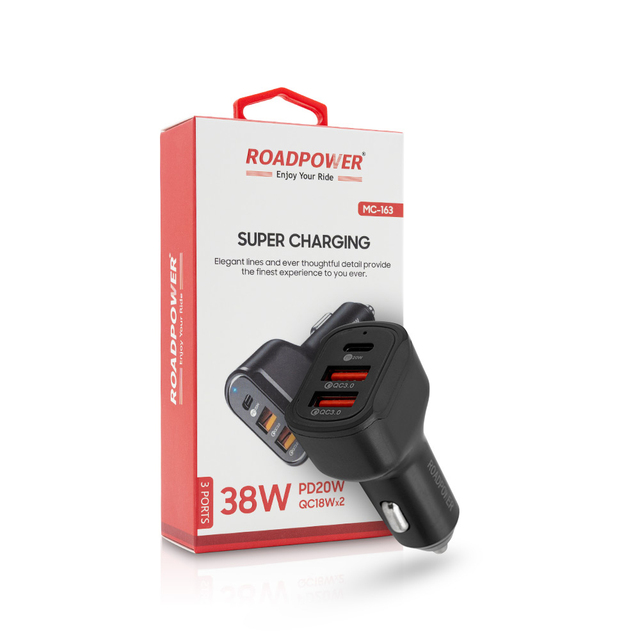 ROADPOWER (RP-MC-163) Fireproof Smart Protection 38W 3-Port Car Charger (USB-C PD 20W + 2 USB QC3.0) Universal Compatibility