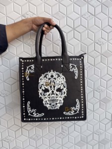 Latest Collection Real Leather <b>Tote</b> <b>Bag</b> Stylish Halloween Pattern Black Bohemian Style Two Handles <b>Zip</b> Closure Women Handbag - Product Image 1