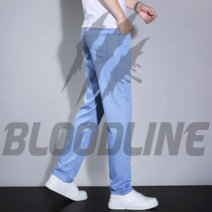 BLOODLINE Jean droit pour homme en denim de coton bleu, décontracté, respirant, style Hip Hop, déchiré, léger, coupe droite, taille mi-haute, idéal pour l'été - Product Image 3