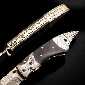 Custom Handmade Damascus Folding Knife with Bull Horn Handle Engraved Steel Bolster Leather Sheath EDC Pocket Knife OEM Supplier - Product Image 2