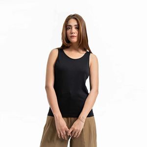 Wholesale Price <b>Women's</b> Black Cotton Tank Top Scoop Neck Minimalist Solid Knitted Breathable Regular Length - Product Image 1
