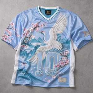 เสื้อเจอร์ซีย์กีฬาตาข่ายสไตล์เรโทร Y2K สำหรับผู้ชาย OEM พิมพ์ลายซิลค์สกรีนลายเครนและดอกซากุระ เสื้อผ้ากีฬาโอเวอร์ไซส์แบบสั้น - Product Image 2