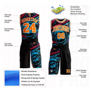Maillot de basket personnalisé à col rond avec sublimation, motifs Têtes de mort Cyberpunk, noir, orange, bleu, rose, blanc, logo d'équipe personnalisé - Product Image 2