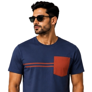 Conjunto de camiseta y pantalones cortos para hombre, azul marino y color óxido, cuello redondo, manga corta, top con bolsillo, pantalones cortos cargo con cordón, ropa deportiva informal de verano - Product Image 5